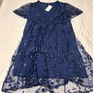BloomChic Navy Blue Floral Mesh Party Dress